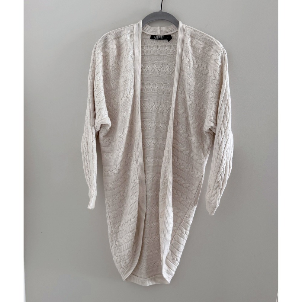 Lauren Ralph Lauren Ivory Cable Knit Open Front Cocoon Cardigan Sweater S/M